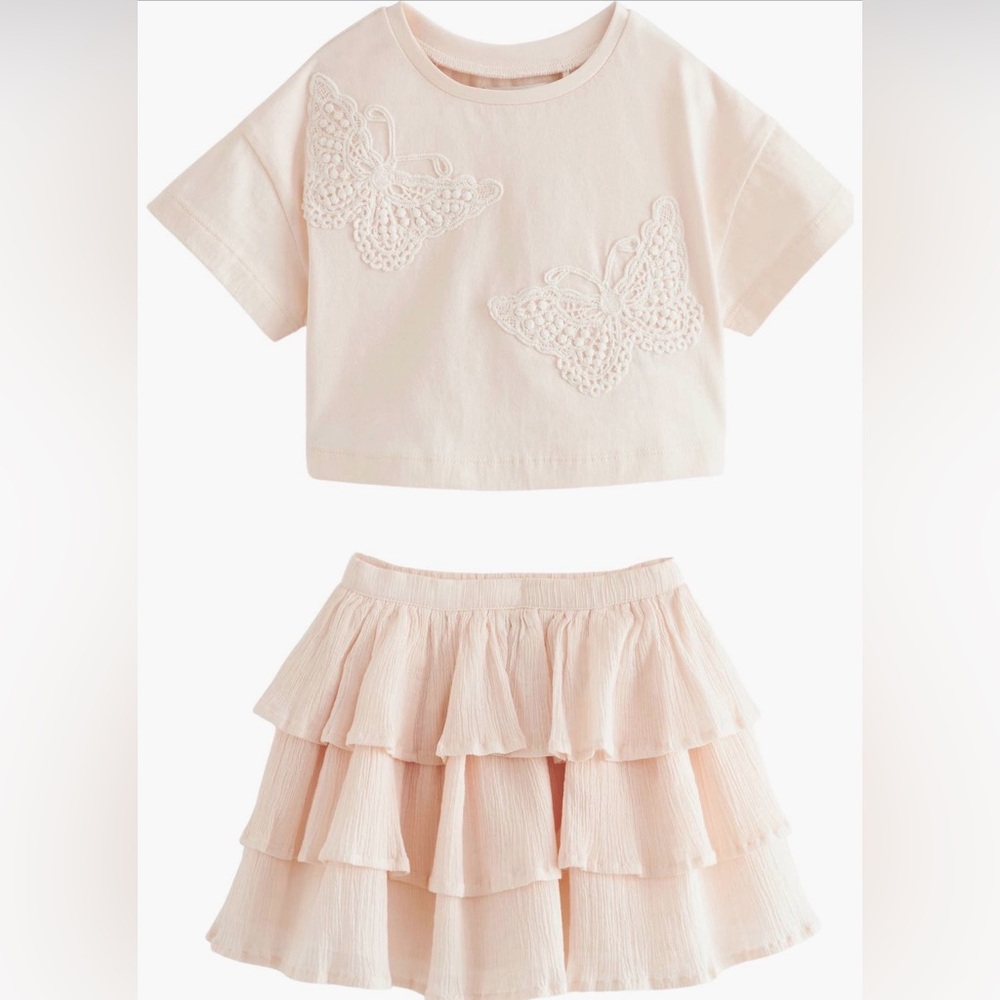 NWOT NEXT girls butterfly top and frill skirt crochet Butterflies size 5-6Y